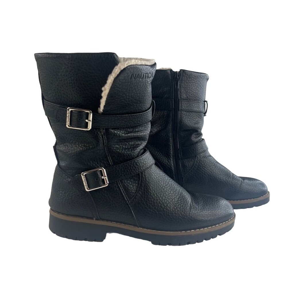 Nautica Womens Snow Boots Buckles Faux Fur Black Size 8